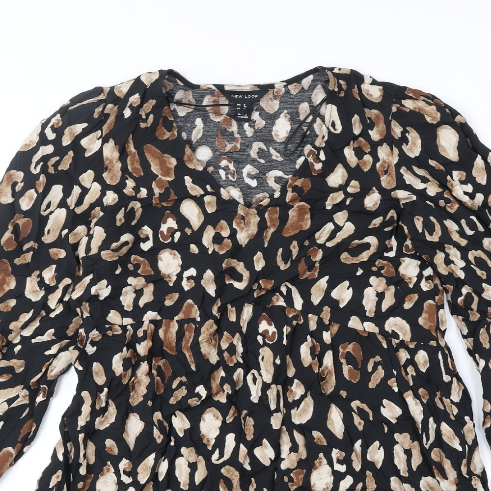 New Look Womens Brown Animal Print Polyester Fit & Flare Size 8 V-Neck Pullover - Leopard Pattern