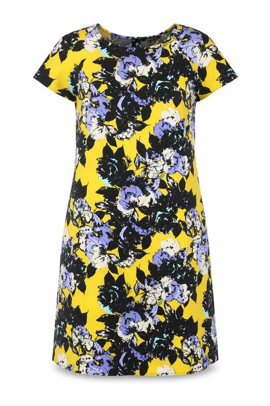 River Island Womens Yellow Floral Polyester Shift Size 10 Scoop Neck Button