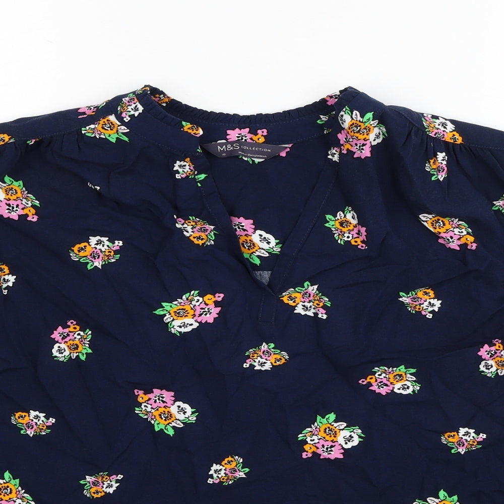 Marks and Spencer Womens Blue Geometric Viscose Basic Blouse Size 10 V-Neck