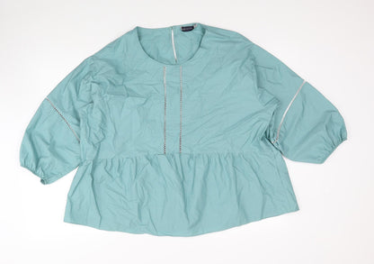 Marks & Spencer Womens Blue Cotton Basic Blouse Size 14 Round Neck
