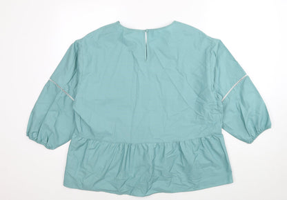 Marks & Spencer Womens Blue Cotton Basic Blouse Size 14 Round Neck