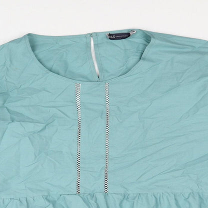 Marks & Spencer Womens Blue Cotton Basic Blouse Size 14 Round Neck