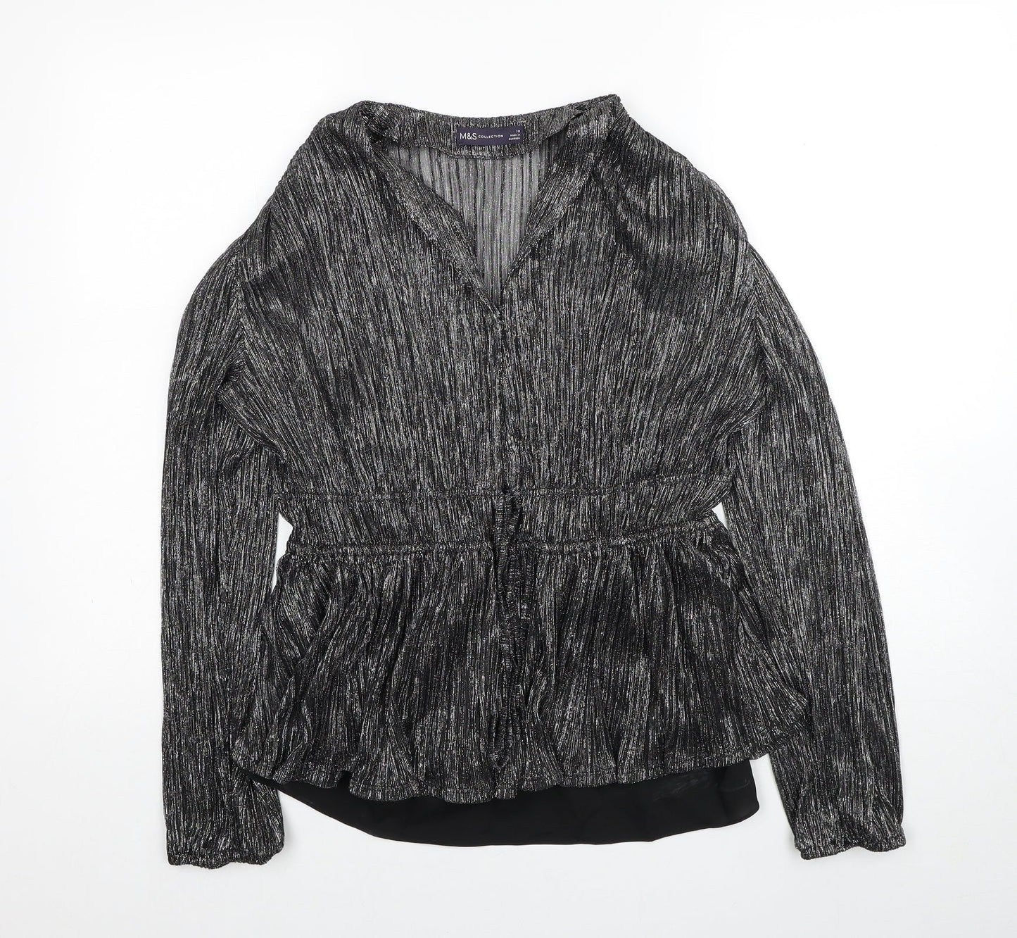 Marks and Spencer Womens Black Polyester Basic Blouse Size 10 V-Neck