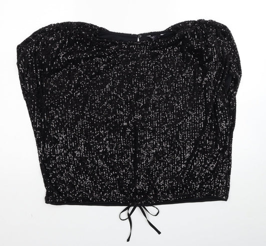 Marks and Spencer Womens Black Polyester Basic Blouse Size 12 Boat Neck - Drawstring Hem