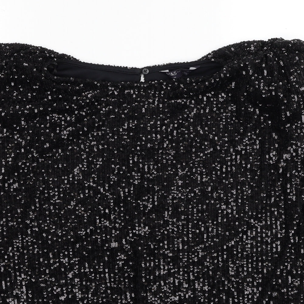 Marks and Spencer Womens Black Polyester Basic Blouse Size 12 Boat Neck - Drawstring Hem