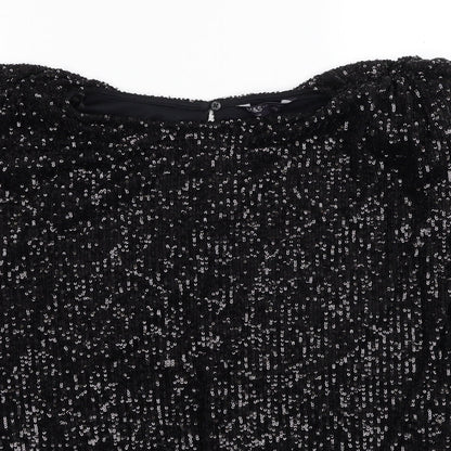 Marks & Spencer Womens Black Polyester Basic Blouse Size 12 Boat Neck - Drawstring Hem