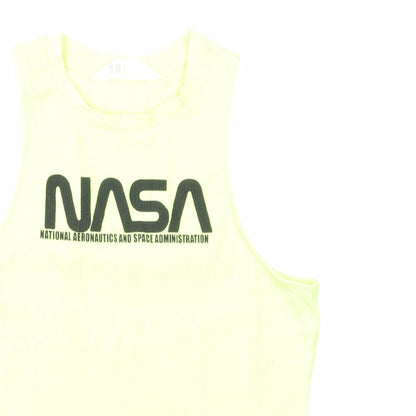 Close-up detail of H&M girls’ yellow cotton basic tank, size 14, years round neck pullover - nasa