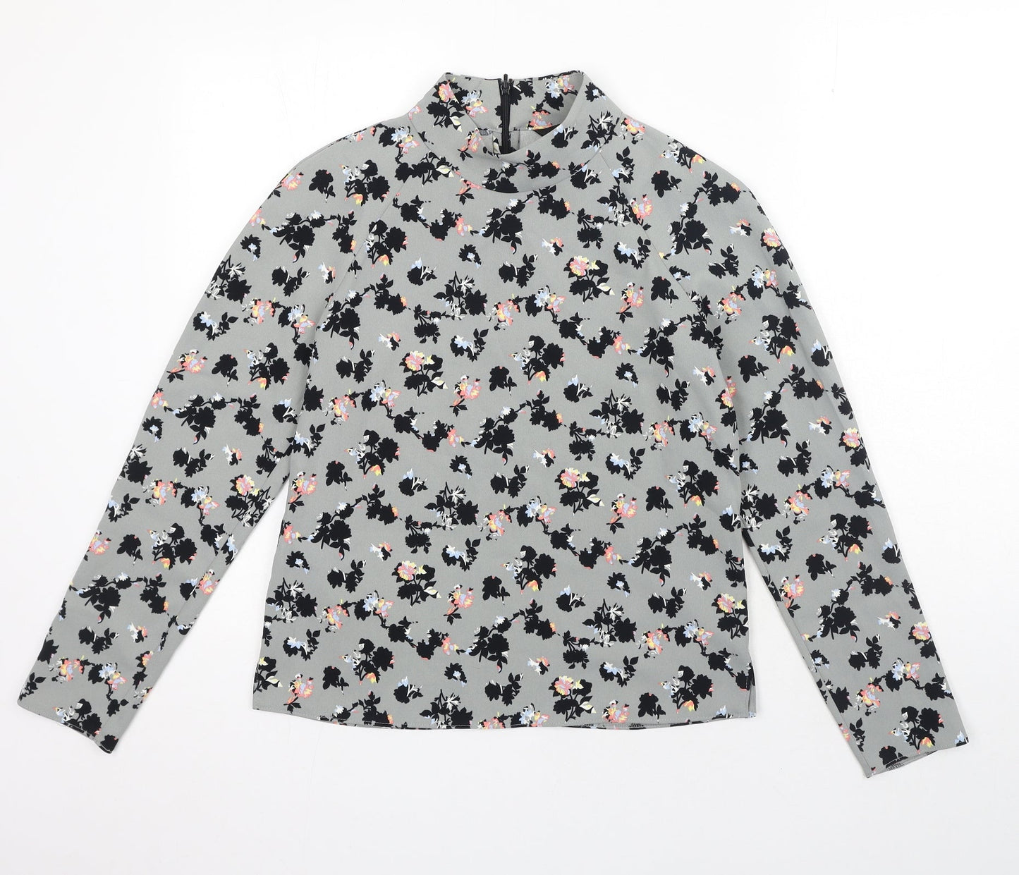 NEXT Womens Grey Floral Polyester Basic Blouse Size 10 Mock Neck