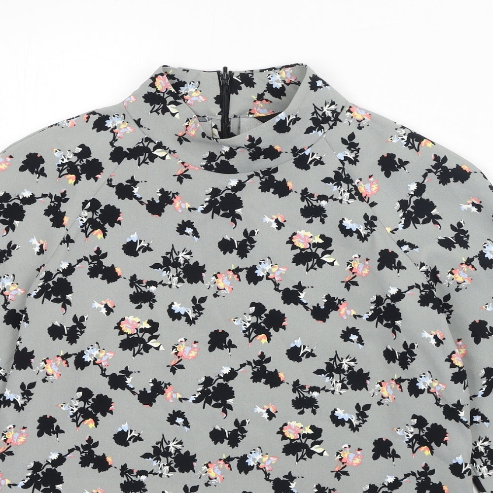 NEXT Womens Grey Floral Polyester Basic Blouse Size 10 Mock Neck