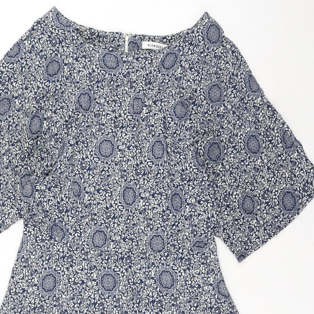 Glamorous Womens Blue Geometric Viscose Trapeze & Swing Size 12 Round Neck Zip