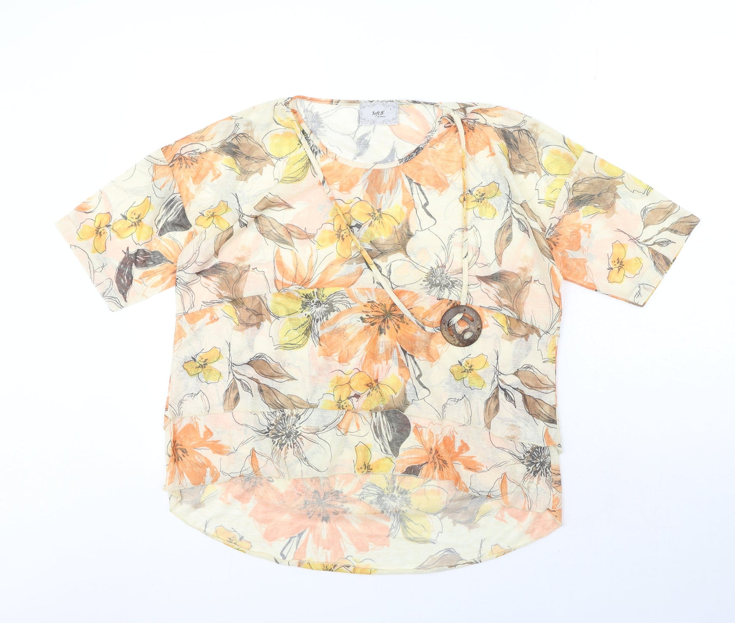 Intown Womens Orange Floral Polyester Basic Blouse Size S Round Neck