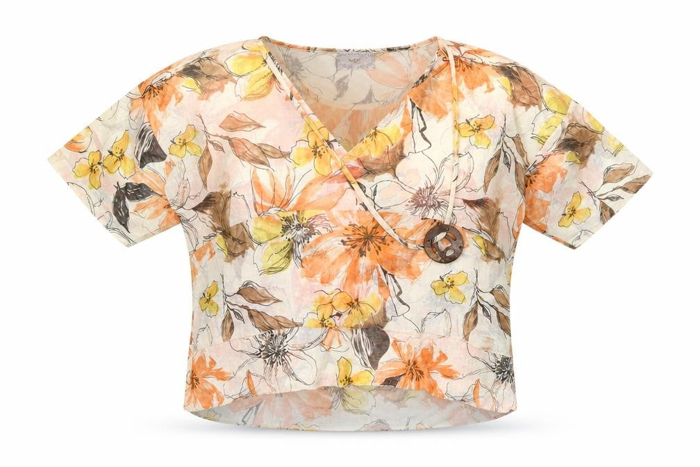 Intown Womens Orange Floral Polyester Basic Blouse Size S Round Neck