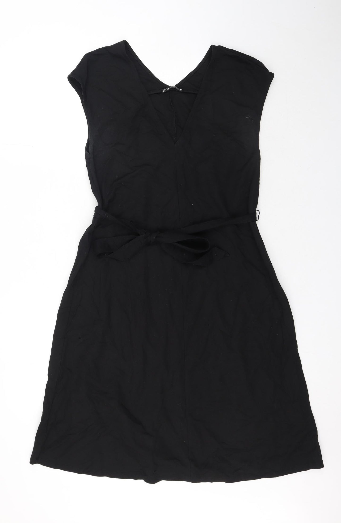 Zara Womens Black Viscose A-Line Size S V-Neck Tie