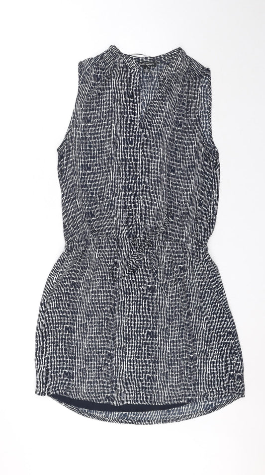 Hilary Radley Womens Black Geometric Polyester Skater Dress Size 6 V-Neck Drawstring