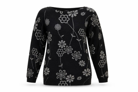 Next Womens Black Boat Neck Floral Cotton Pullover Jumper Size S