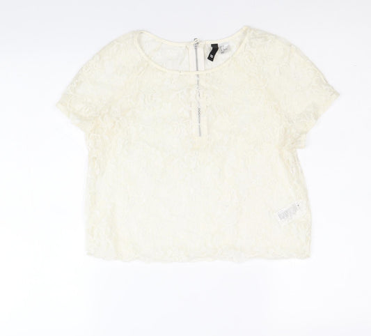 Divided by H&M Womens Ivory Floral Polyester Basic T-Shirt Size 10 Round Neck