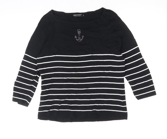 Debbie Morgan Womens Black Scoop Neck Striped Viscose Pullover Jumper Size L
