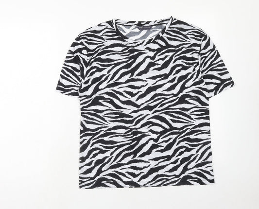 Marks and Spencer Womens Black Animal Print Polyester Basic T-Shirt Size 8 Round Neck - Tiger Pattern