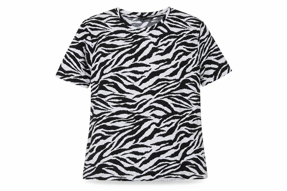 Marks & Spencer Womens Black Animal Print Polyester Basic T-Shirt Size 8 Round Neck - Tiger Pattern
