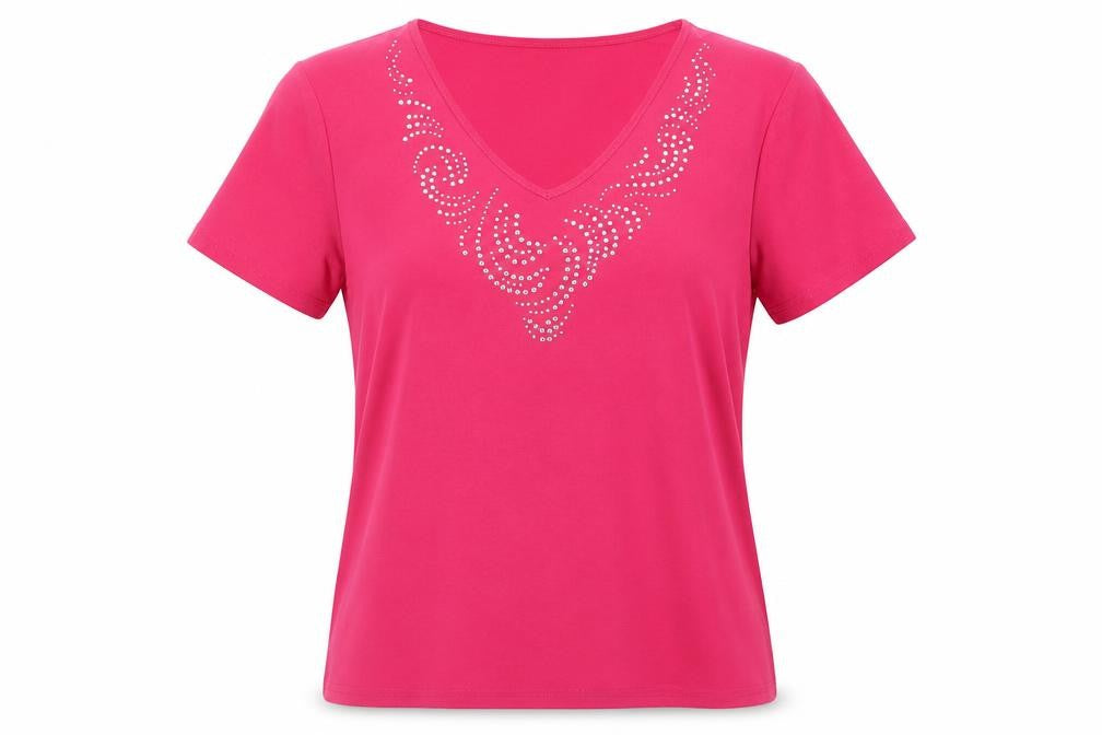 Anna Rose Womens Pink Polyester Basic T-Shirt Size L V-Neck