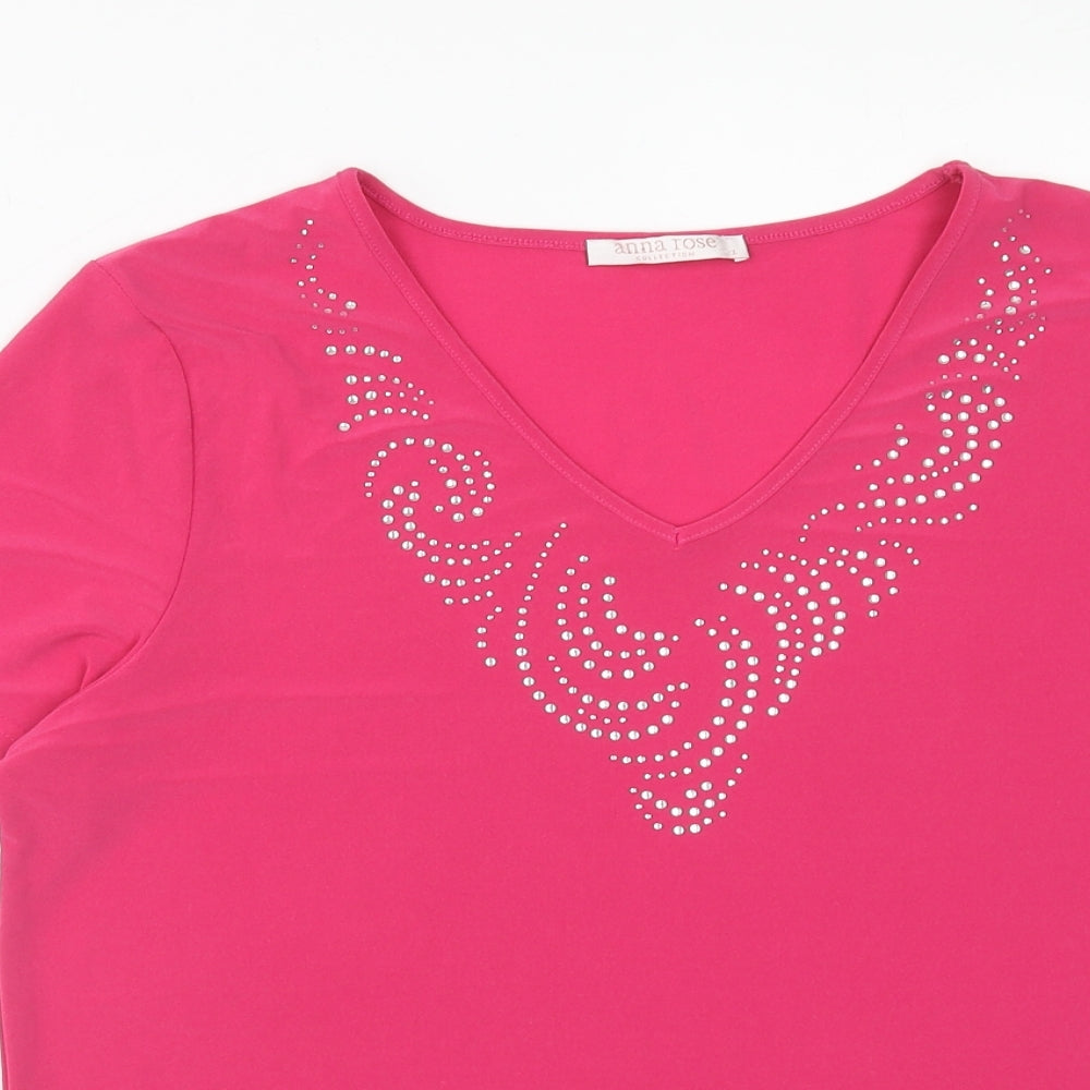 Anna Rose Womens Pink Polyester Basic T-Shirt Size L V-Neck