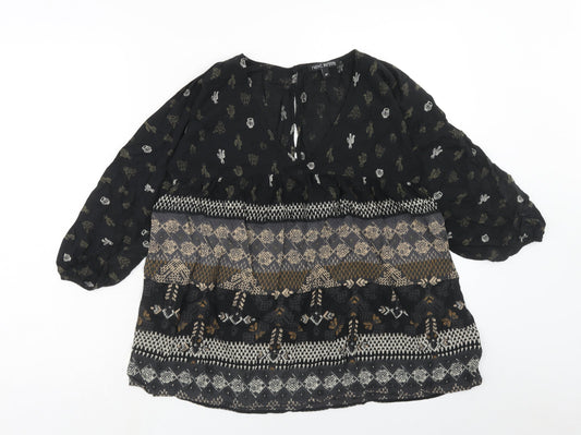 NEXT Womens Black Geometric Viscose Basic Blouse Size 8 V-Neck - Cactus