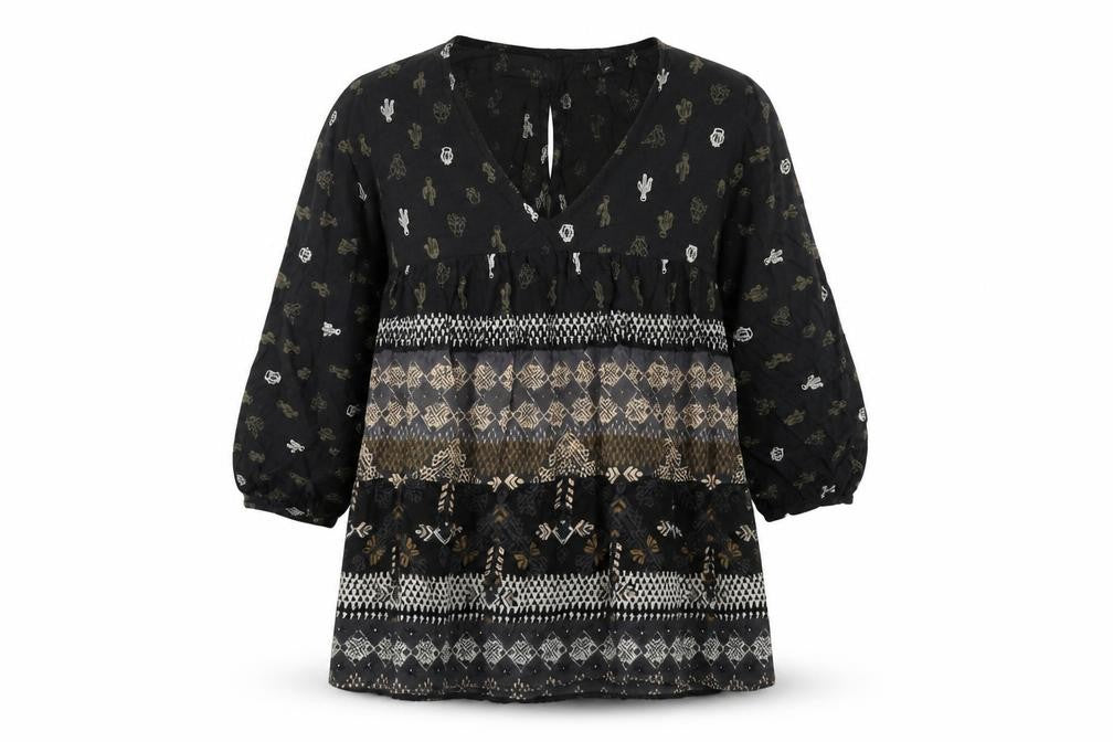 NEXT Womens Black Geometric Viscose Basic Blouse Size 8 V-Neck - Cactus