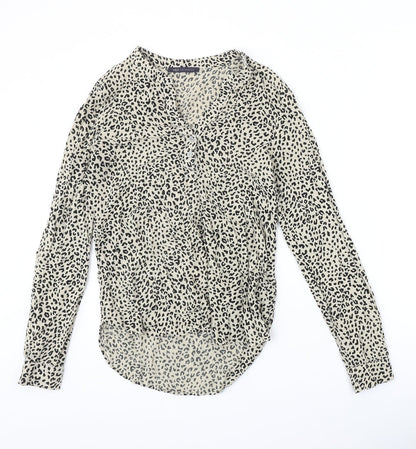Marks & Spencer Womens Beige Animal Print Viscose Basic Blouse Size 6 V-Neck - Leopard Pattern