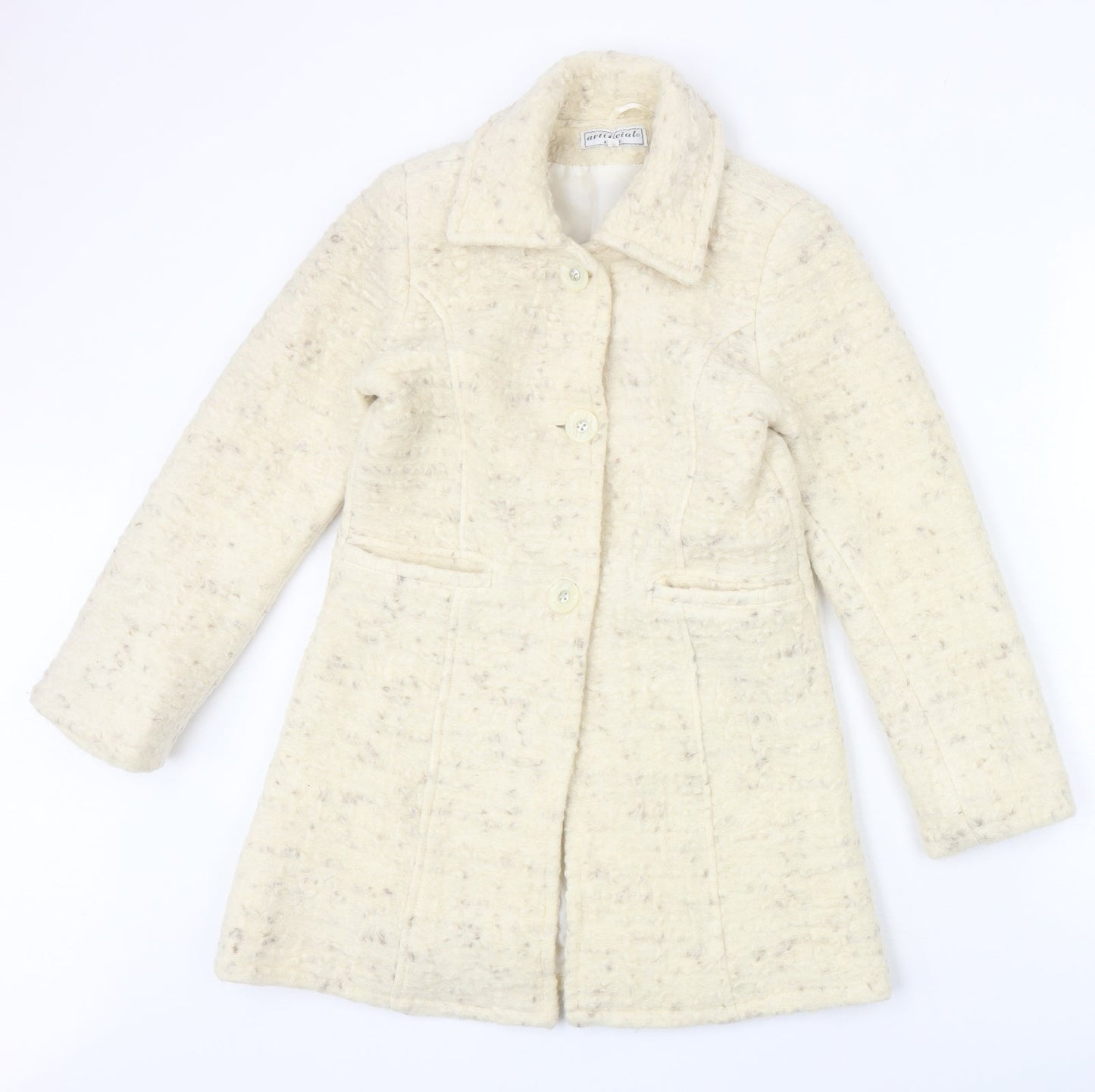 Artifical Womens Ivory Geometric Overcoat Coat Size 8 Button