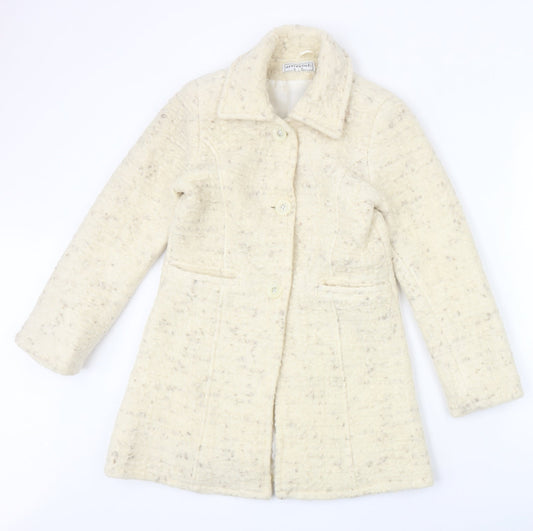 Artifical Womens Ivory Geometric Overcoat Coat Size 8 Button
