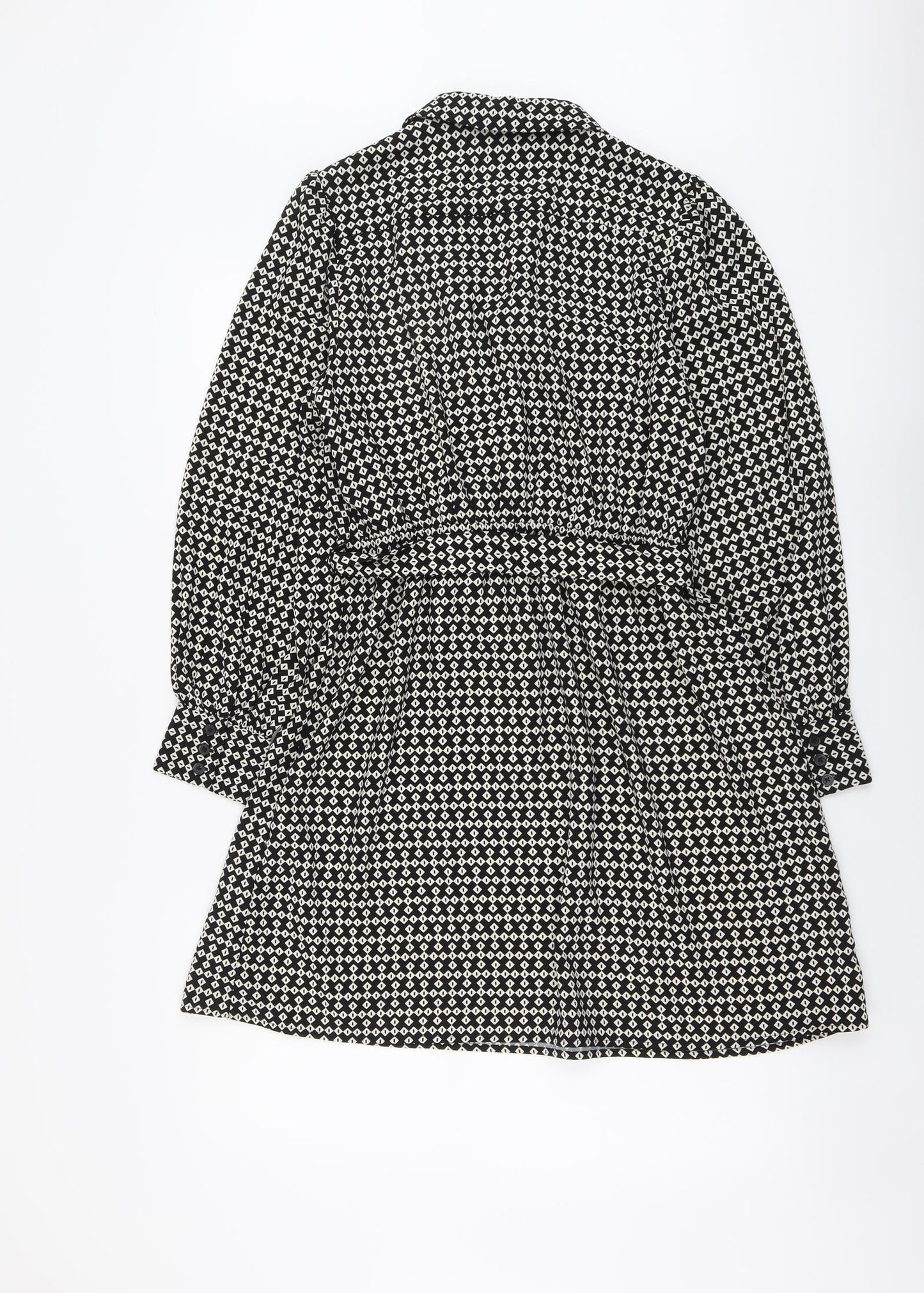 Marks and Spencer Womens Black Geometric Polyester Shirt Dress Size 10 V-Neck Tie