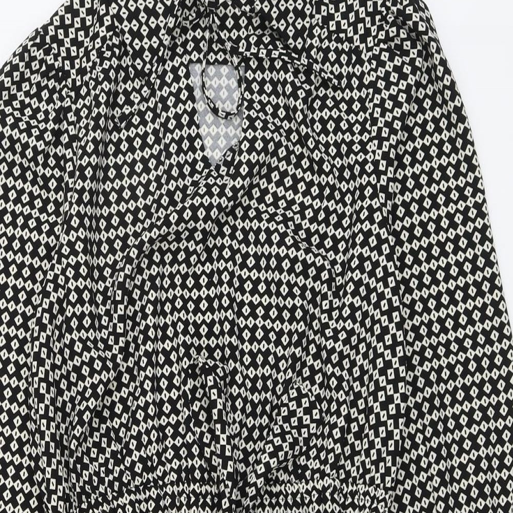 Marks and Spencer Womens Black Geometric Polyester Shirt Dress Size 10 V-Neck Tie