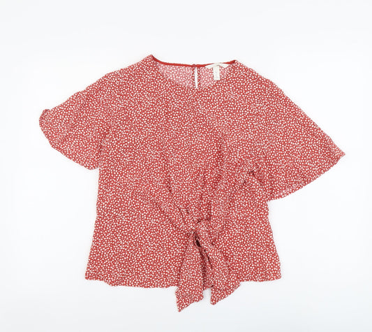 H&M Womens Orange Geometric Viscose Basic Blouse Size 10 Round Neck - Knot Front