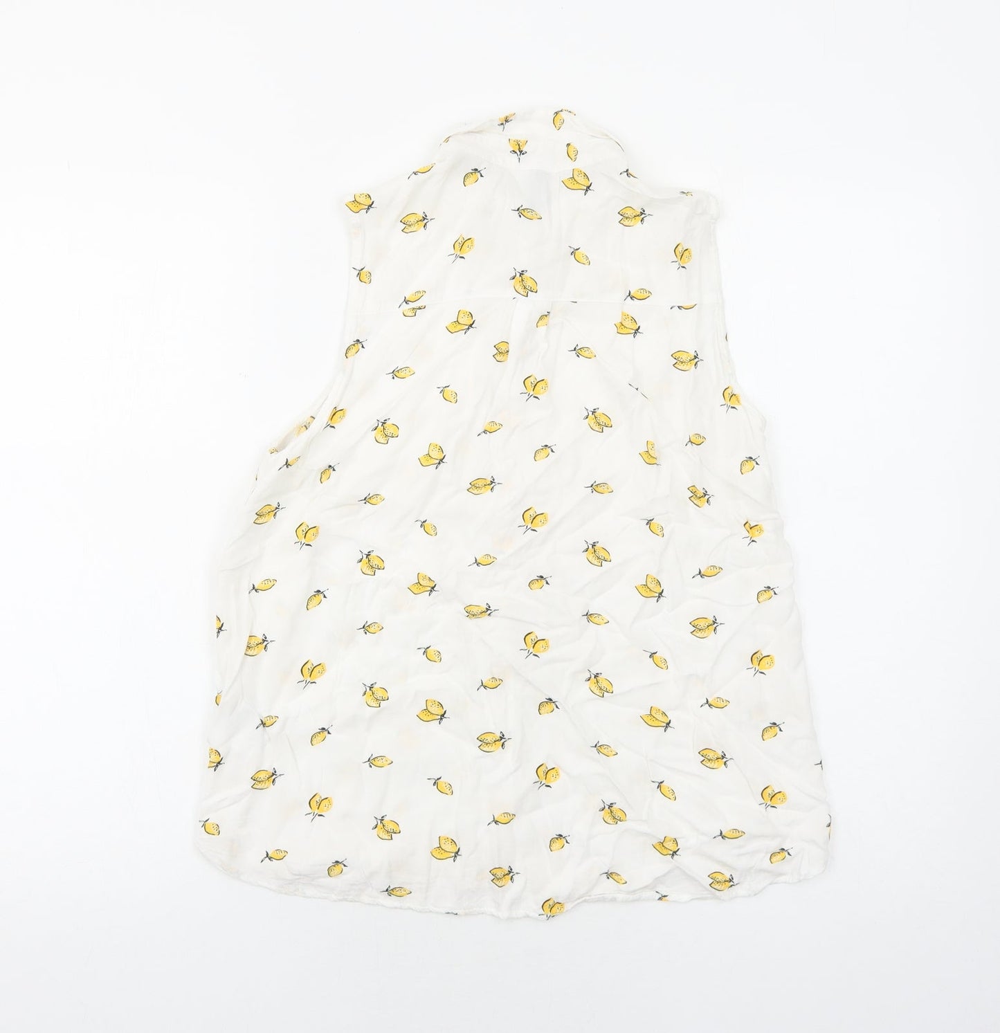 H&M Womens White Geometric Viscose Basic Button-Up Size 8 Collared - Lemon Pattern