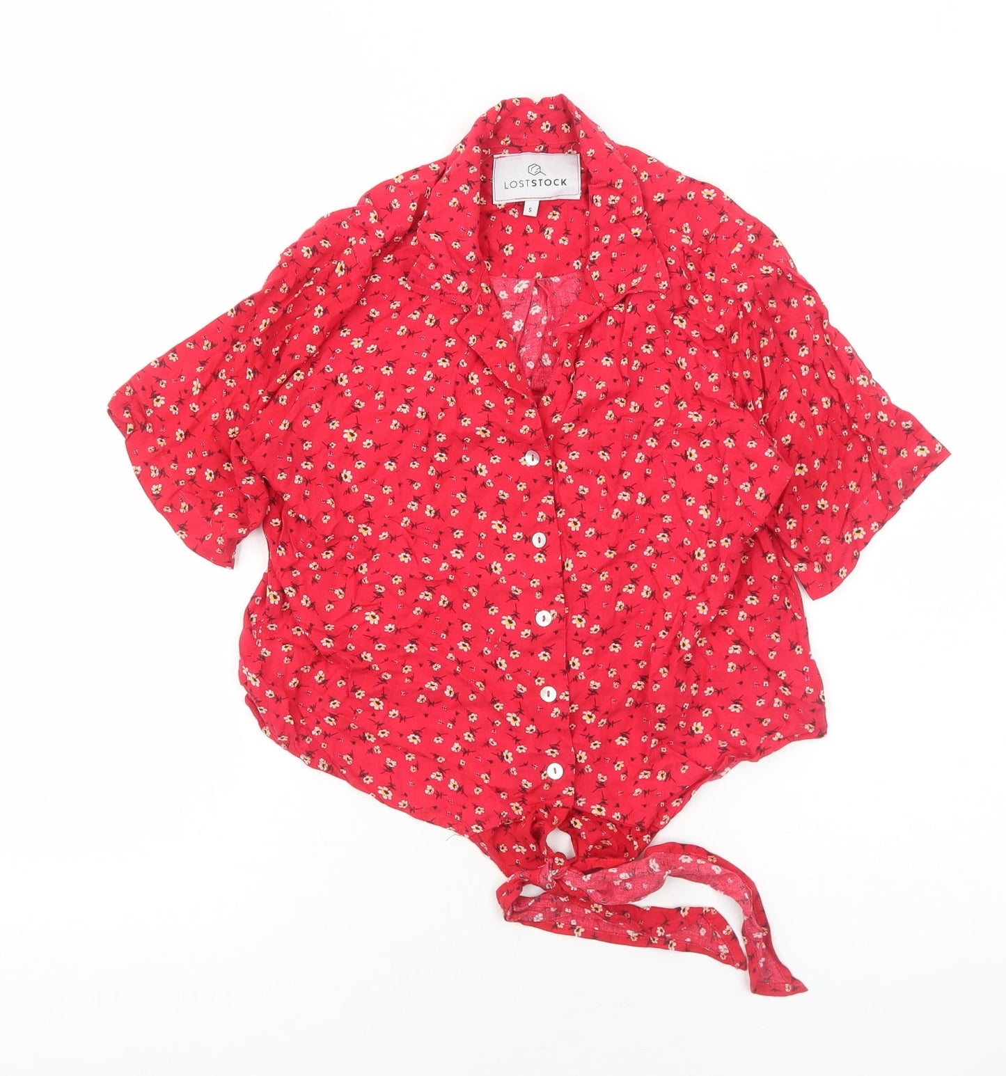 Loststock Womens Red Floral Viscose Basic Button-Up Size S Collared - Knot Front