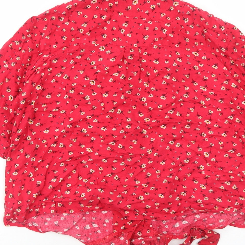 Loststock Womens Red Floral Viscose Basic Button-Up Size S Collared - Knot Front