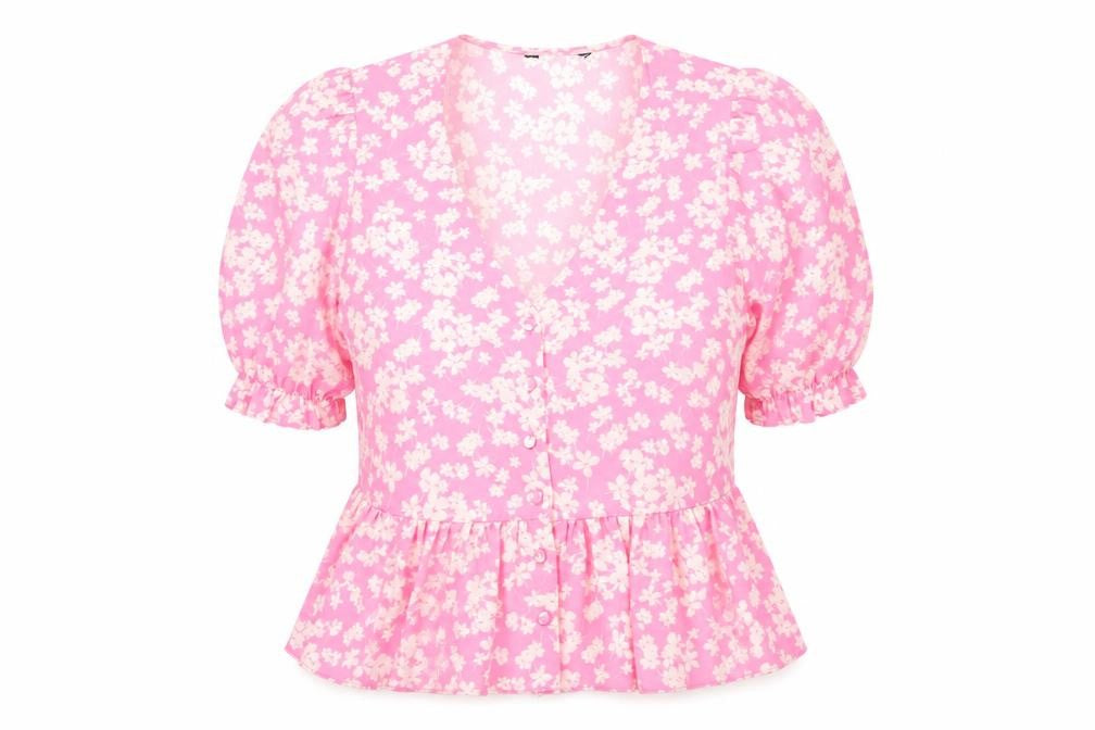 Preworn Womens Pink Floral Polyester Basic Button-Up Size M V-Neck
