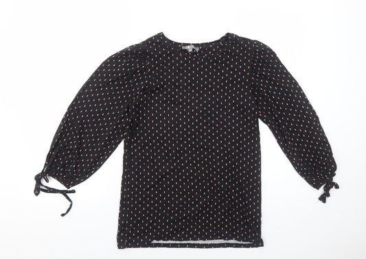 Principles Womens Black Geometric Viscose Basic Blouse Size 10 Scoop Neck - Sleeve Tie Detail