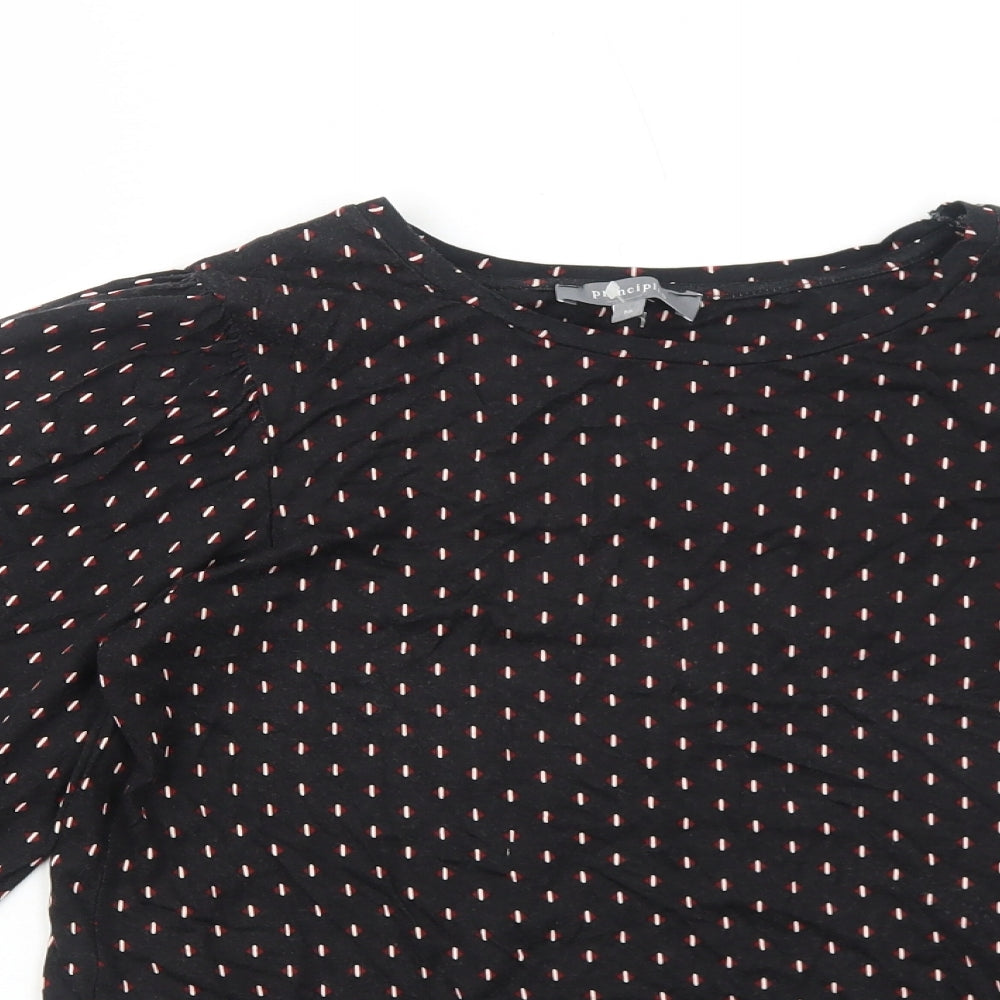 Principles Womens Black Geometric Viscose Basic Blouse Size 10 Scoop Neck - Sleeve Tie Detail