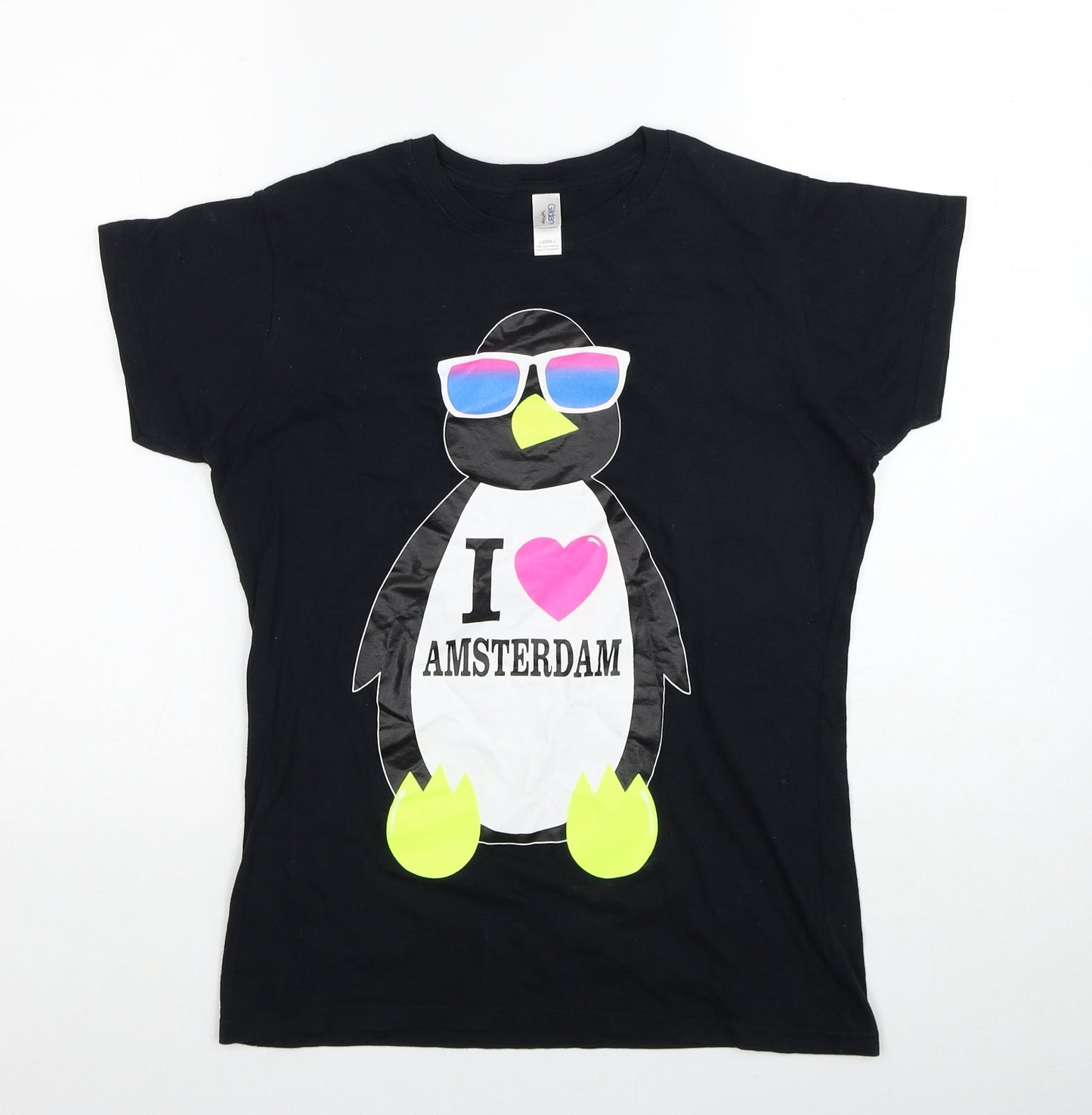 Gildan Womens Black Cotton Basic T-Shirt Size L Round Neck - I Heart Amsterdam Penguin