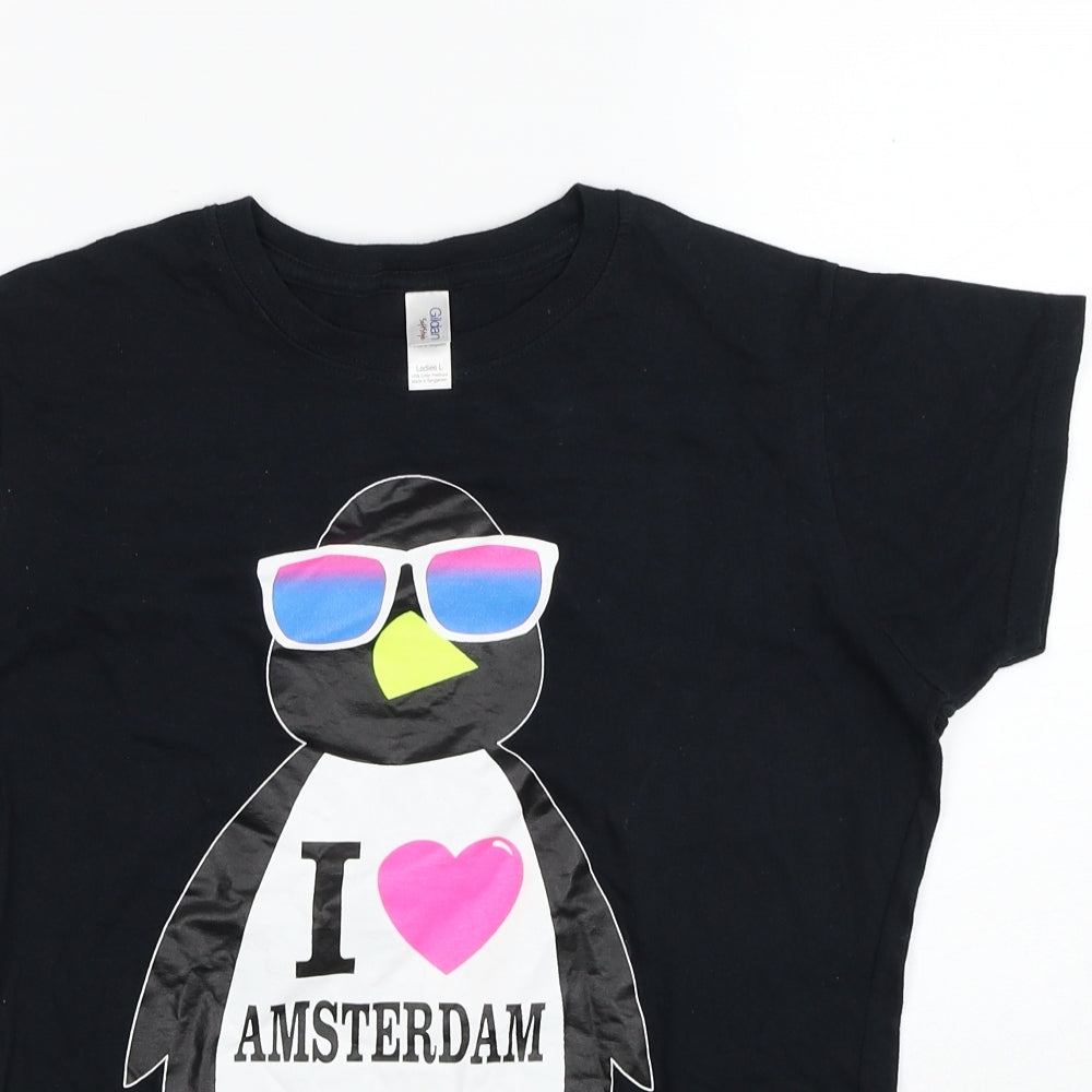 Gildan Womens Black Cotton Basic T-Shirt Size L Round Neck - I Heart Amsterdam Penguin