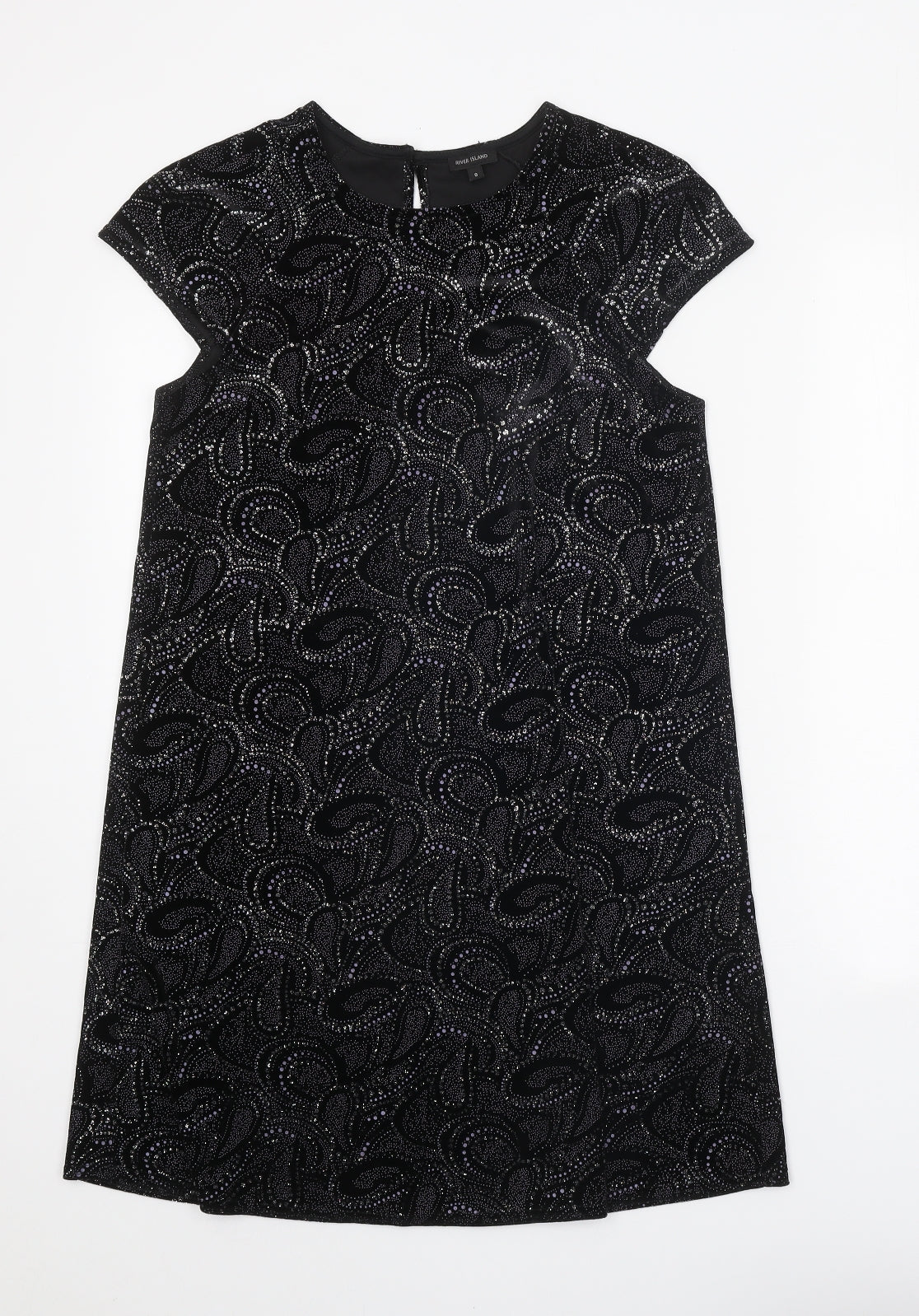 River Island Womens Black Geometric Polyester Shift Size 8 Round Neck Button