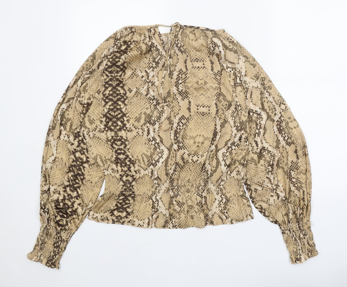 H&M Womens Beige Animal Print Polyester Basic Blouse Size 10 Round Neck - Snake Print