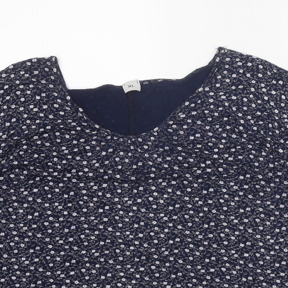 Preworn Womens Blue Floral Viscose Basic Blouse Size XL V-Neck