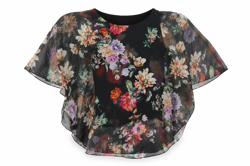 Made in Italy Womens Black Floral Polyester Basic Blouse Size 8 Scoop Neck - Overlay