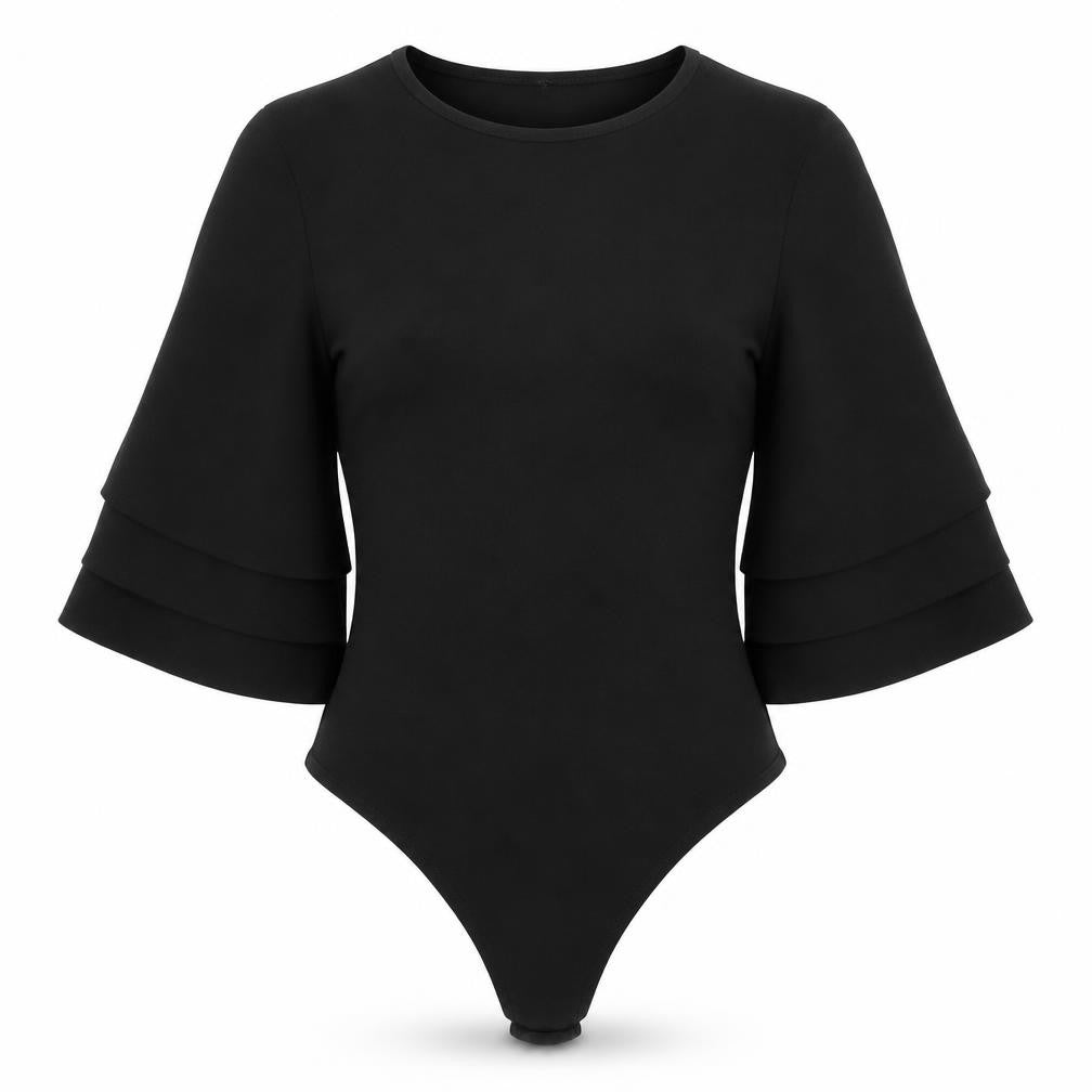 PRETTYLITTLETHING Womens Black Polyester Bodysuit One-Piece Size 8 Snap - Voluminous Sleeves