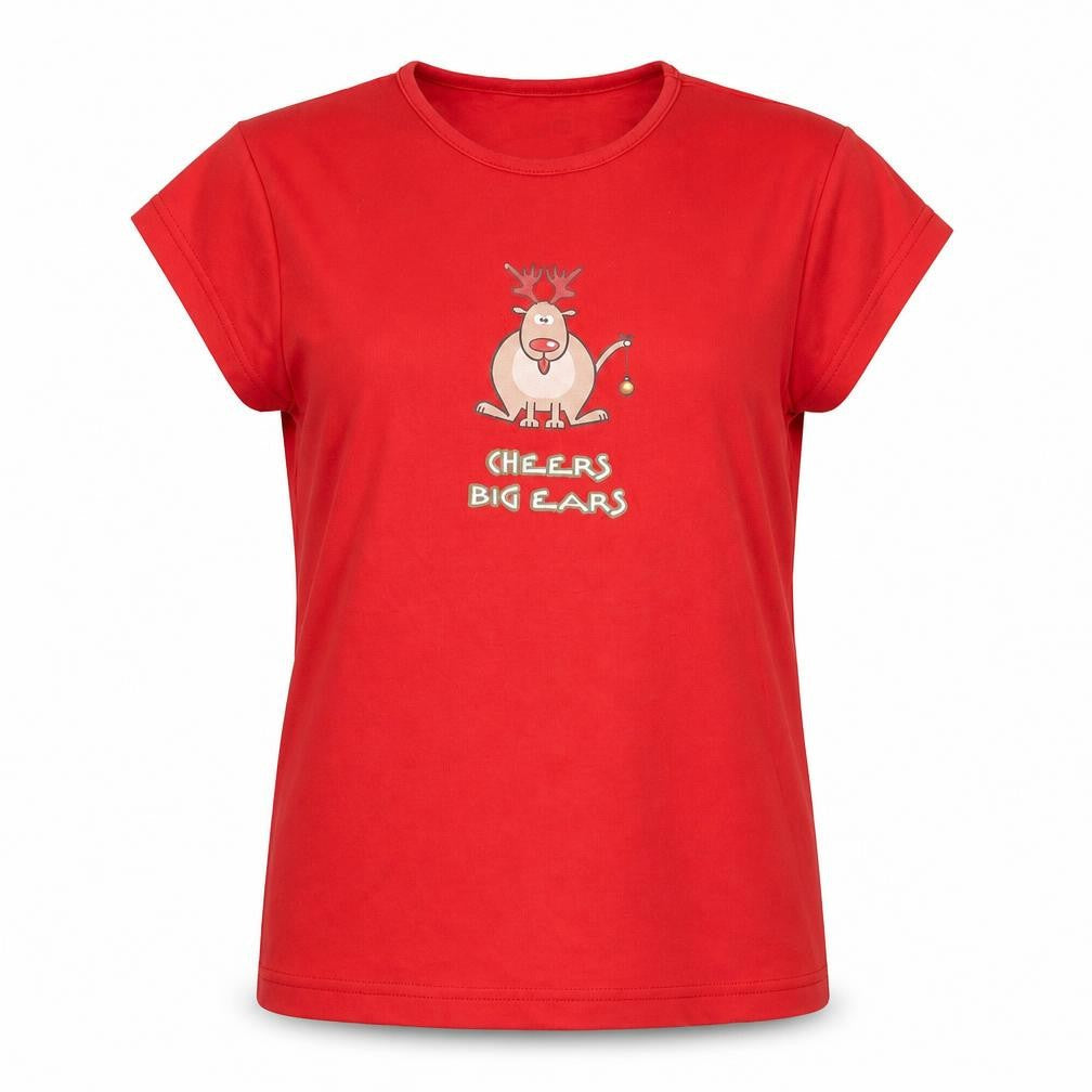 Juice Womens Red 100% Cotton Basic T-Shirt Size XL Scoop Neck - Reindeer, Cheers Big Ears