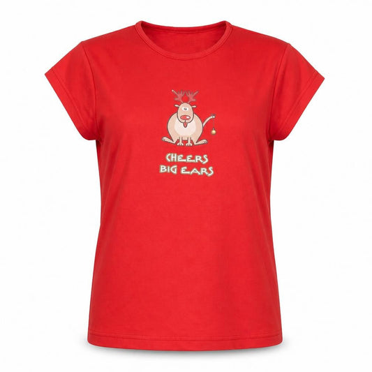Juice Womens Red 100% Cotton Basic T-Shirt Size XL Scoop Neck - Reindeer, Cheers Big Ears