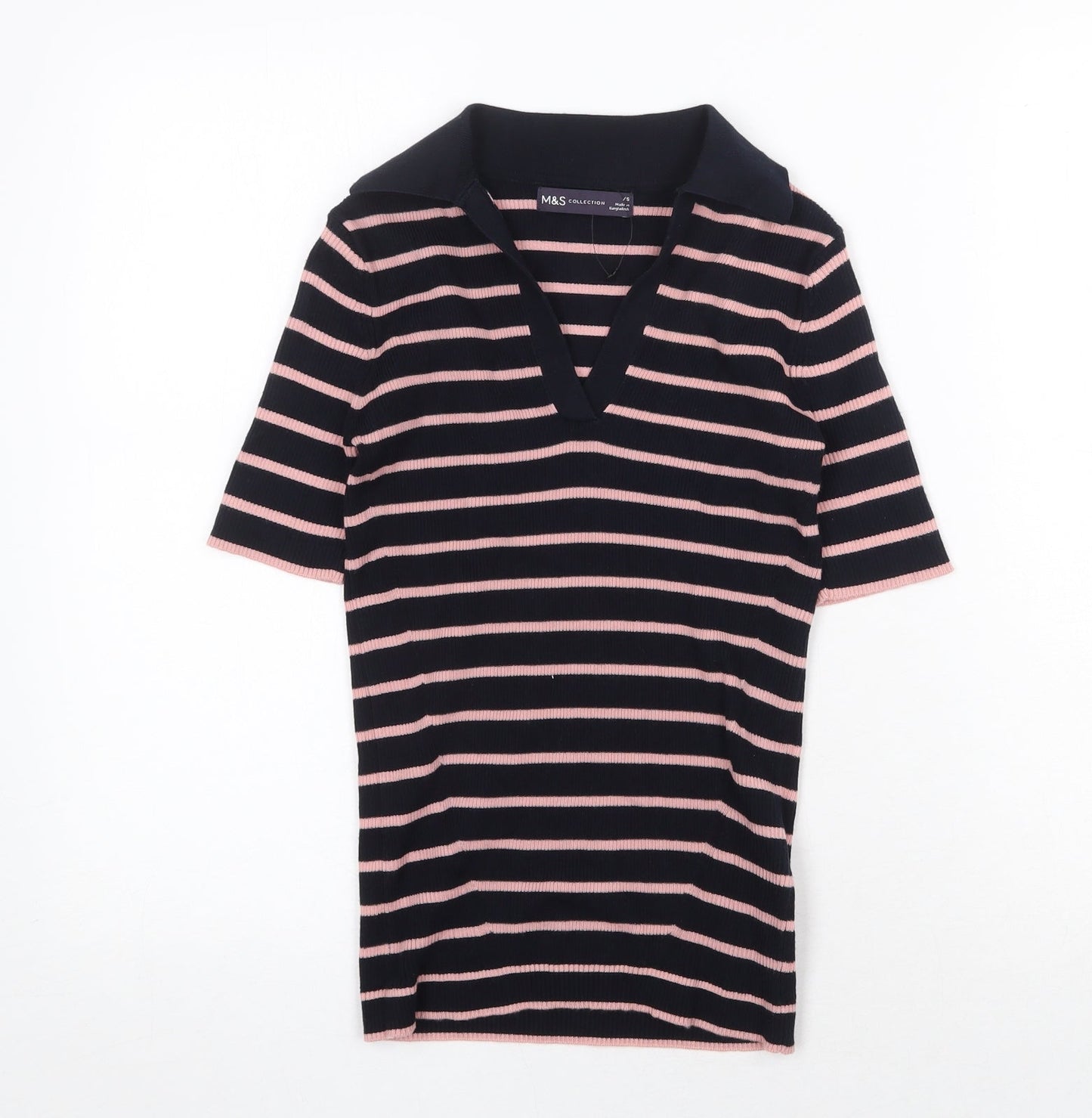 Marks and Spencer Womens Blue Striped Cotton Basic T-Shirt Size XS Collared
