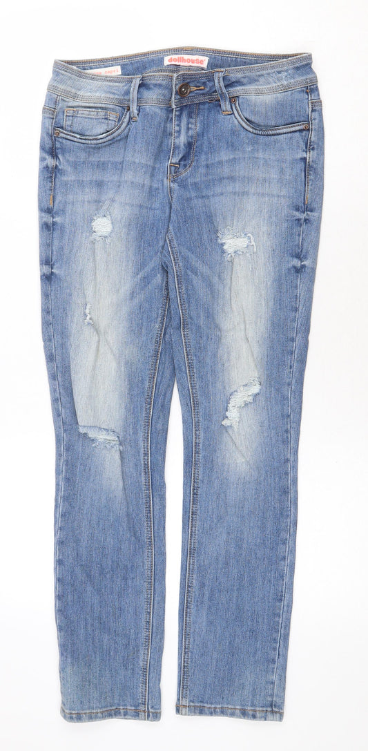 Dollhouse Womens Blue Cotton Straight Jeans Size S Regular Zip